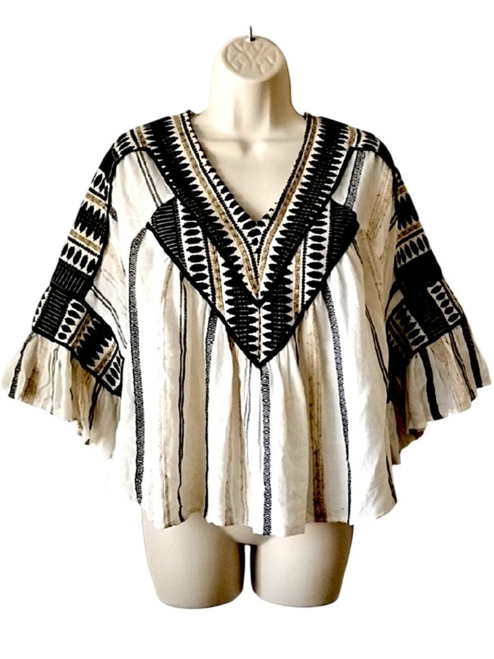 THML Embroidered Tapestry Boho Peasant Top S Cream Black Gold